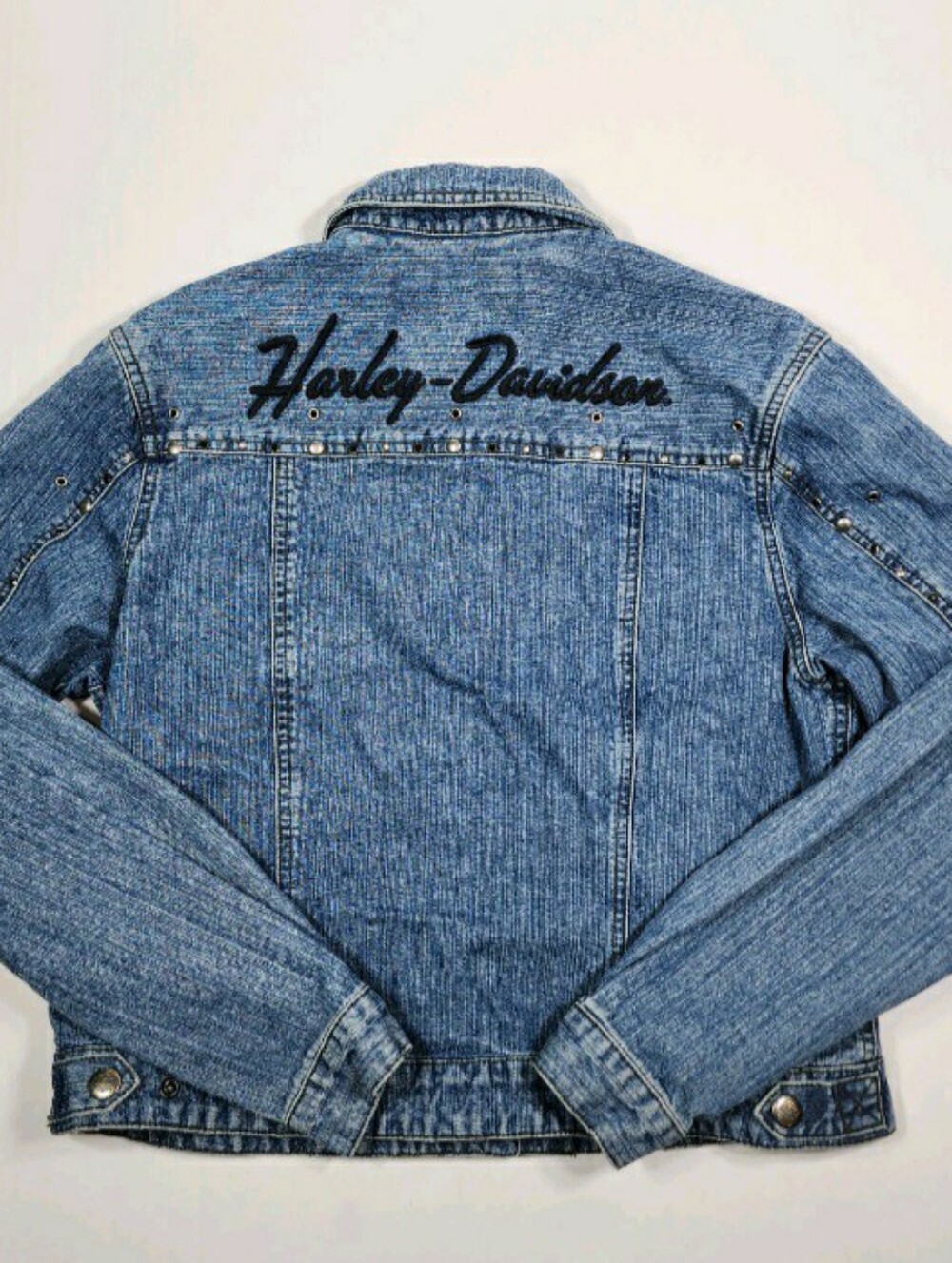 Women's Harley Davidson Denim Jacket Studs Embroidered Sz L EUC